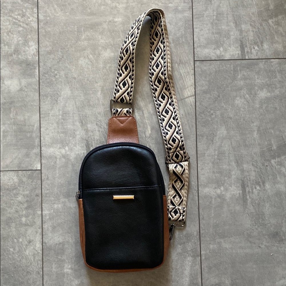 Black and Brown Sling Bag With Guitar Strap